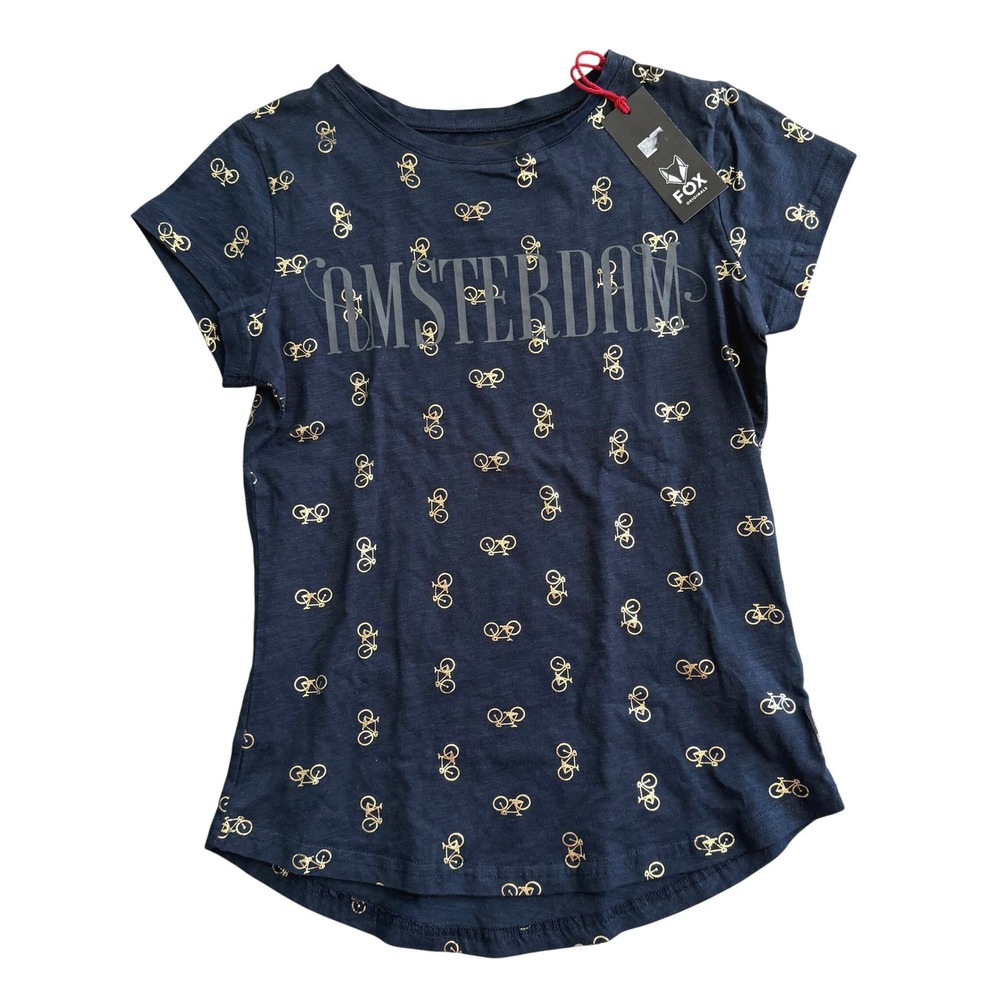 WT Fox Originals Amsterdam Glitter Bicycle‎ Graphic T-Shirt Navy Gold Womens XS
